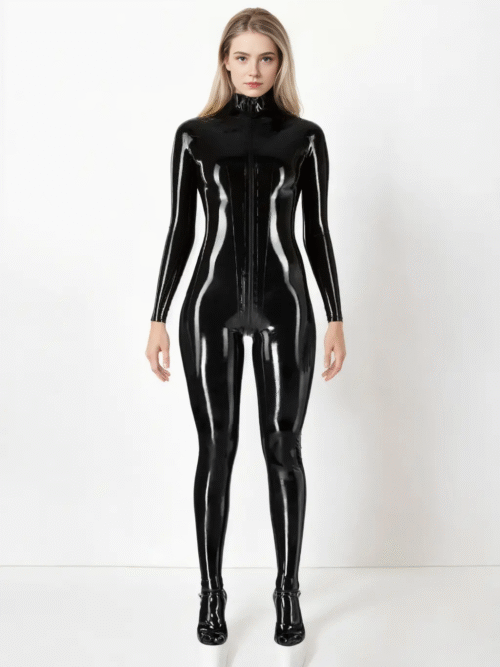 Classic Black Latex Catsuit with Front Zipper Closure