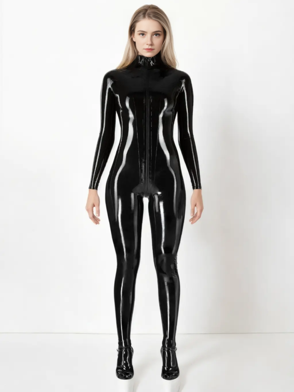 Classic Black Latex Catsuit with Front Zipper Closure