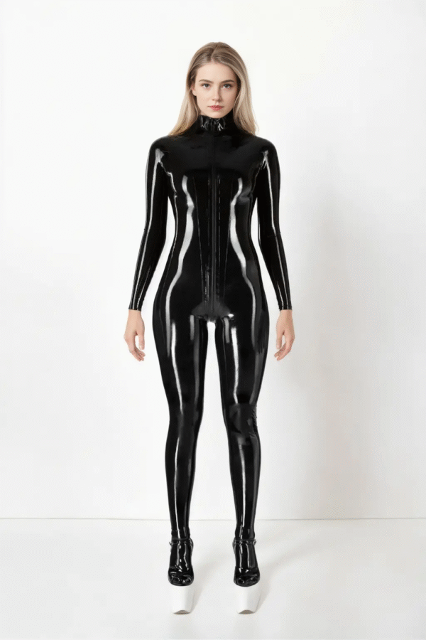 Classic Black Latex Catsuit with Front Zipper Closure
