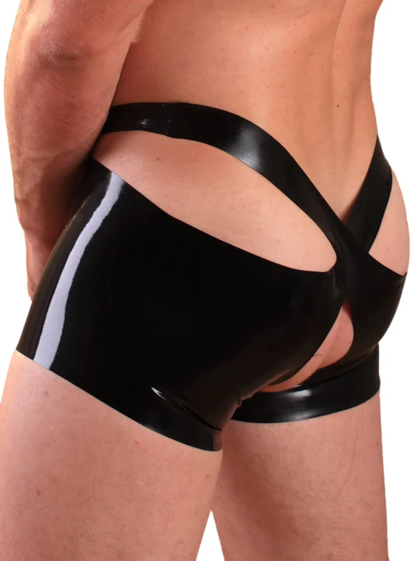 Men's Open Front and Back Latex Shorts - Bold Cutout Rubber Boxer