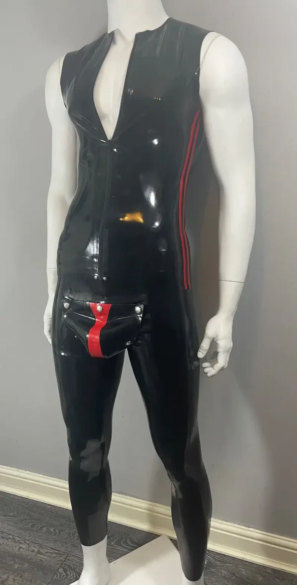 Latex Leggings with Codpiece – Custom Fit Men's Fetish Pants in Black with Red Details