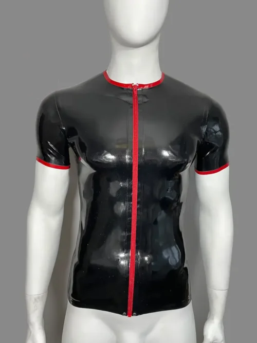 Latex Crew Neck Short Sleeve T-Shirt with Red Zip Trim – Sleek and Modern Rubber Top