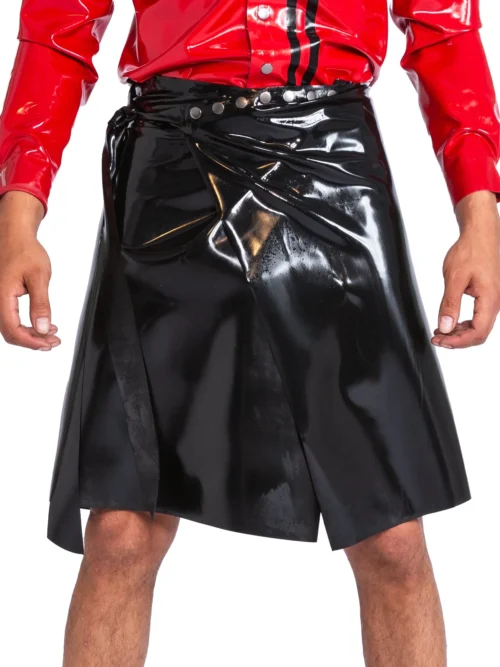 Adjustable Black Latex Kilt with Studded Waistband – Fetish Clubwear for Men