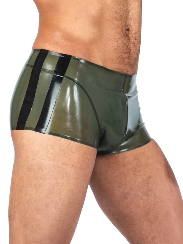 Army Green Latex Boxer Shorts with Black Side Stripes