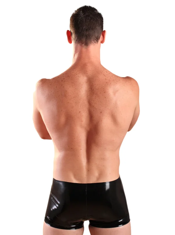 Keyhole Latex Boxer Shorts with Snap-Off Pouch – Black Rubber Fetish Underwear
