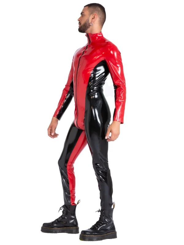 Blazing Bicolor Latex Catsuit with High Collar and Front Zip