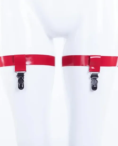 Adjustable Red Latex Thigh Garters with Stocking Clips