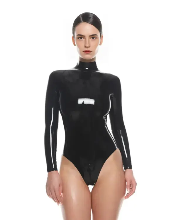 front view of a model in a glossy black high-neck latex bodysuit with long sleeves