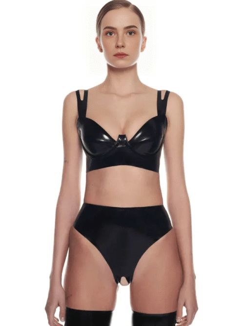 Luxe Cutout Underwire Latex Lingerie Set – Bra & Crotchless Panty
