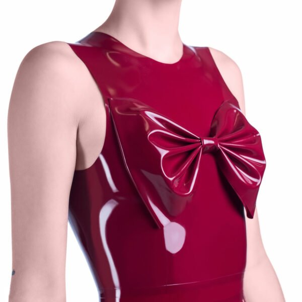 Elegant Latex Skater Dress with Oversized Chest Bow and Open Back