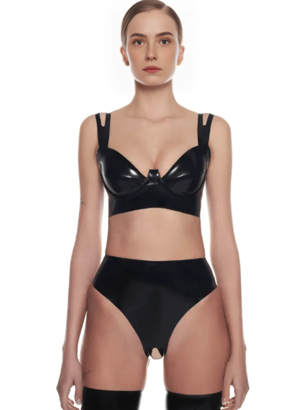 Luxe Cutout Underwire Latex Lingerie Set – Bra & Crotchless Panty