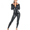 Black High-Neck Latex Catsuit with Two-Way Front Zipper and Open Feet