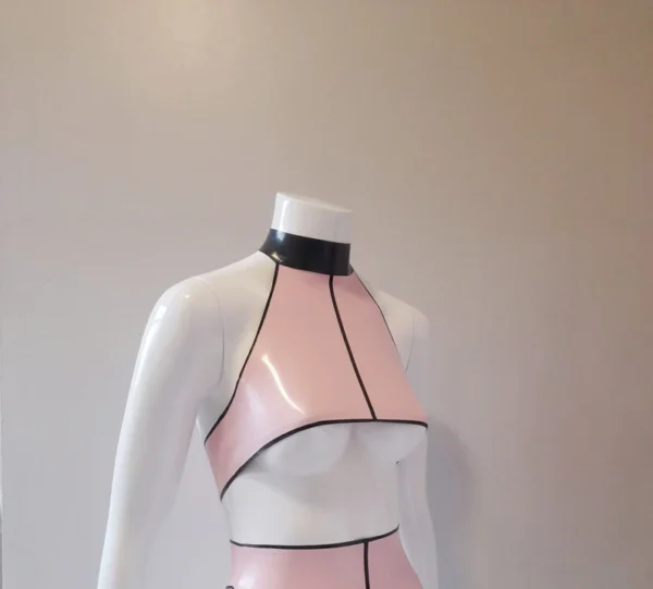 Latex Pin-Striped Underboob Crop Top with Halter Neck and Snap Collar