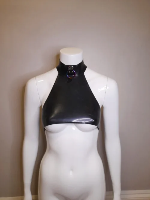 Latex Underboob Halter Top with O-Ring Collar and High Neck Snap Closure