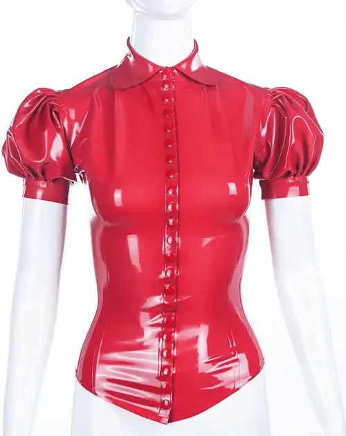 Mimi Puff Sleeve Latex Blouse – Fitted Design with Front Snap Closure