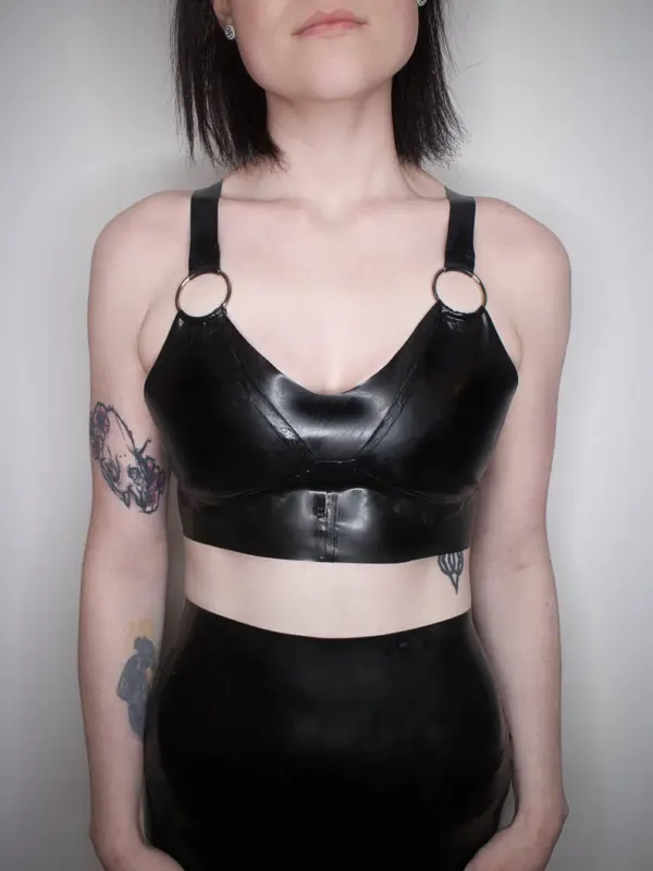 Luxe Black Latex Bralette with O-Ring and D-Ring Detail – Reinforced Halter Crop Top