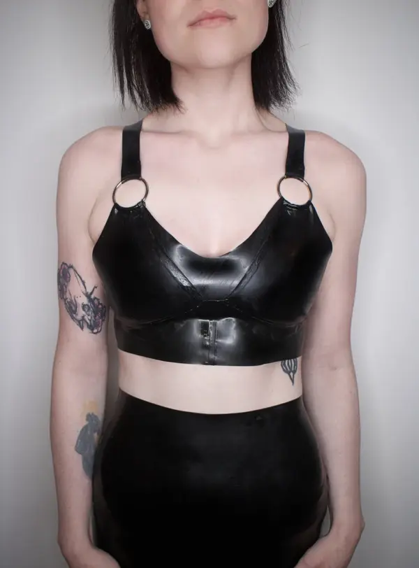 Luxe Black Latex Bralette with O-Ring and D-Ring Detail – Reinforced Halter Crop Top
