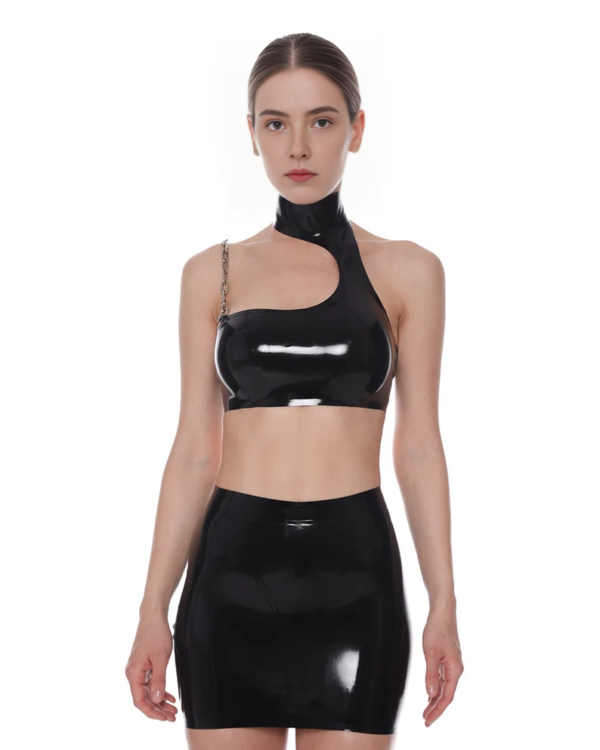 Asymmetric Black Latex Crop Top with Chain and High Neck