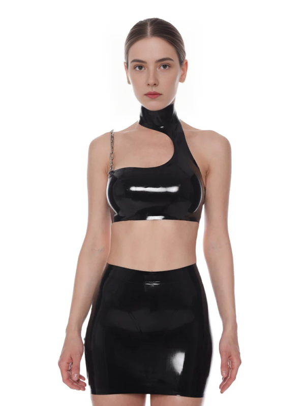Asymmetric Black Latex Crop Top with Chain and High Neck