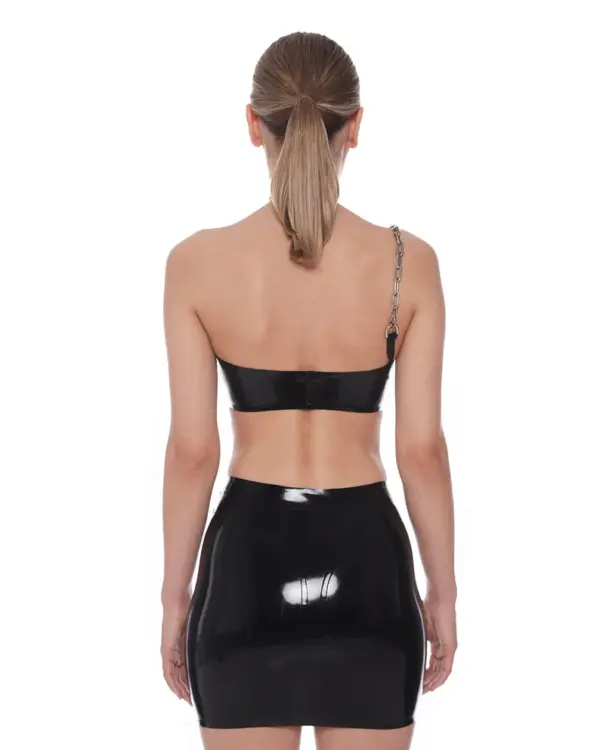 Asymmetric Black Latex Crop Top with Chain and High Neck