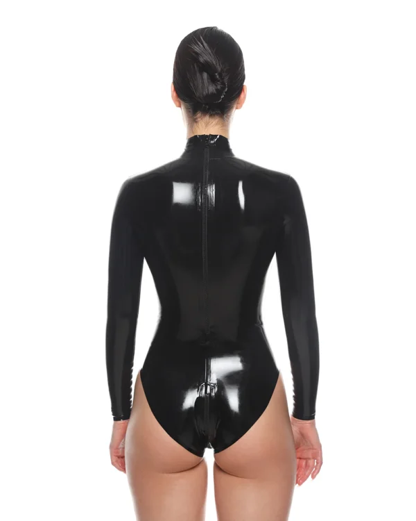 High-Neck Glossy Latex Bodysuit with Crotch Zip and Long Sleeves