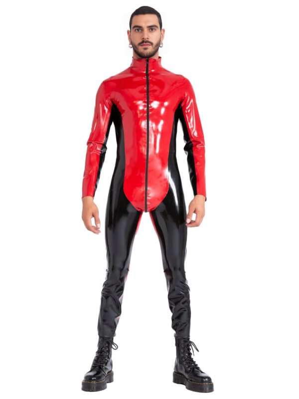 Blazing Bicolor Latex Catsuit with High Collar and Front Zip