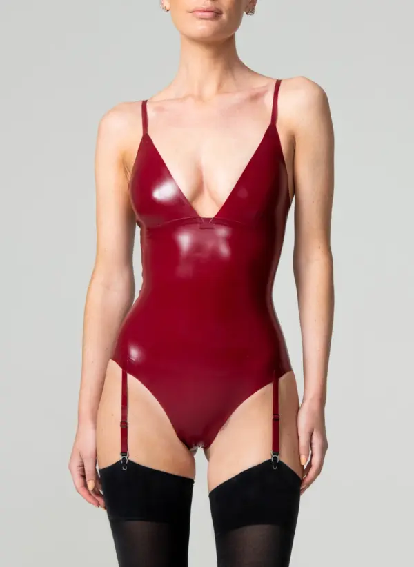 Latex Deep V Suspender Bodysuit – Burgundy Gloss