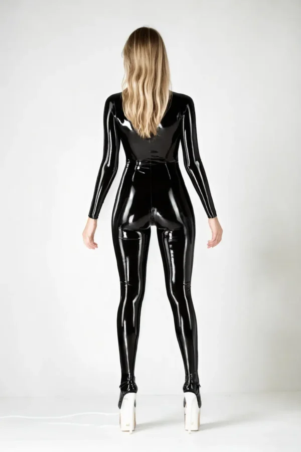 Classic Black Latex Catsuit with Front Zipper Closure