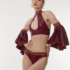 Vintage-Inspired Plum Latex Halterneck Crop Top with Teardrop Cutout