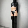 Black Bicolor Latex Catsuit with Hood and High-Cut Panty Design