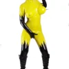Black & Yellow Flame Pattern Latex Catsuit with Inflated Bust Design