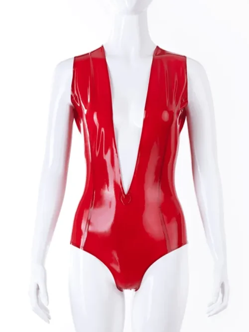 Deep V Cleavage Red Latex Bodysuit – Back Zipper Design