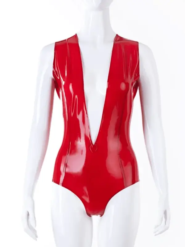 Deep V Cleavage Red Latex Bodysuit – Back Zipper Design