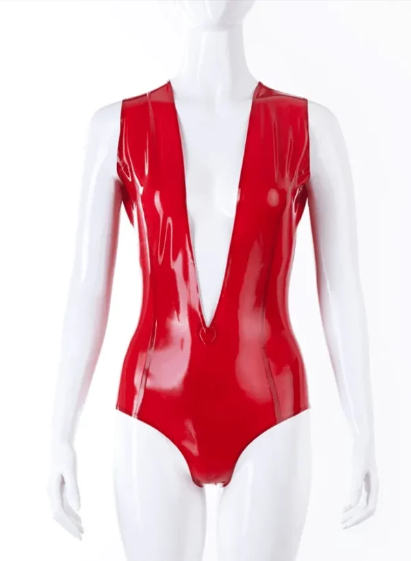 Deep V Cleavage Red Latex Bodysuit – Back Zipper Design
