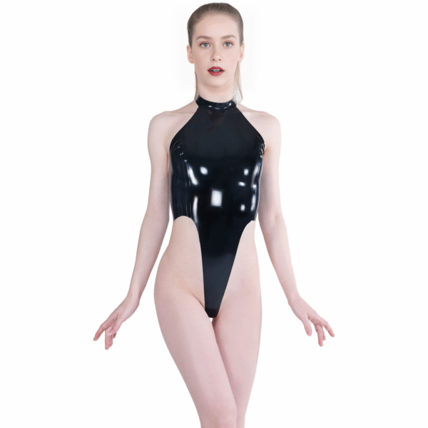 High-Cut Latex Bodysuit with Halter Neck and Open Back