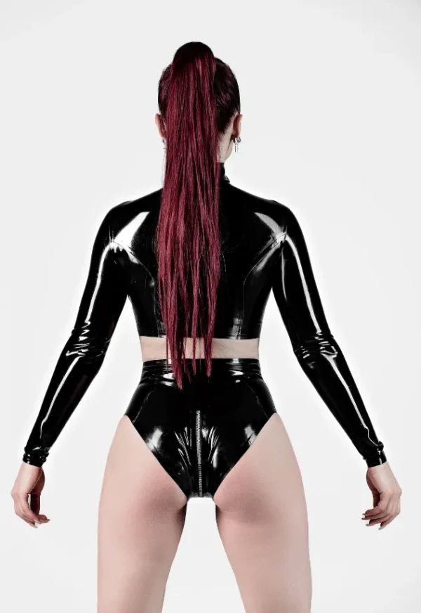 Luxe Black Latex Long Sleeve Zip-Front Crop Top – High Shine Fetish Wear