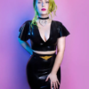 Latex Plunge Batwing Crop Top with Back Buckle Closure – Glossy Black