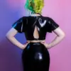 Latex Plunge Batwing Crop Top with Back Buckle Closure – Glossy Black