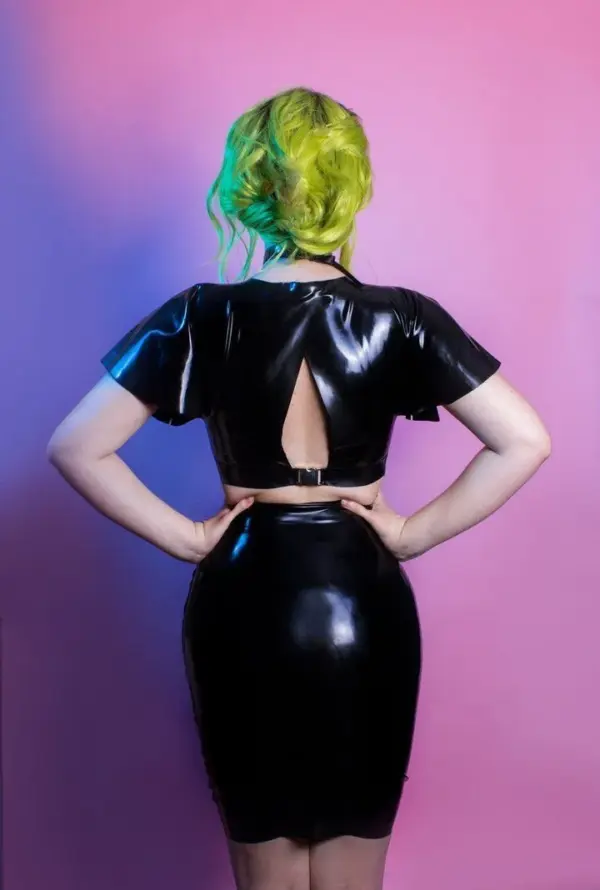Latex Plunge Batwing Crop Top with Back Buckle Closure – Glossy Black