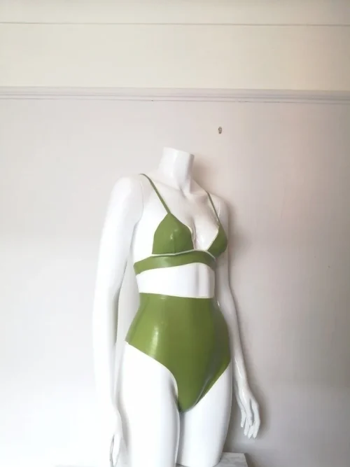 Natural Green Latex Triangle Bra and High-Waist Thong Set – Two Piece Custom Made