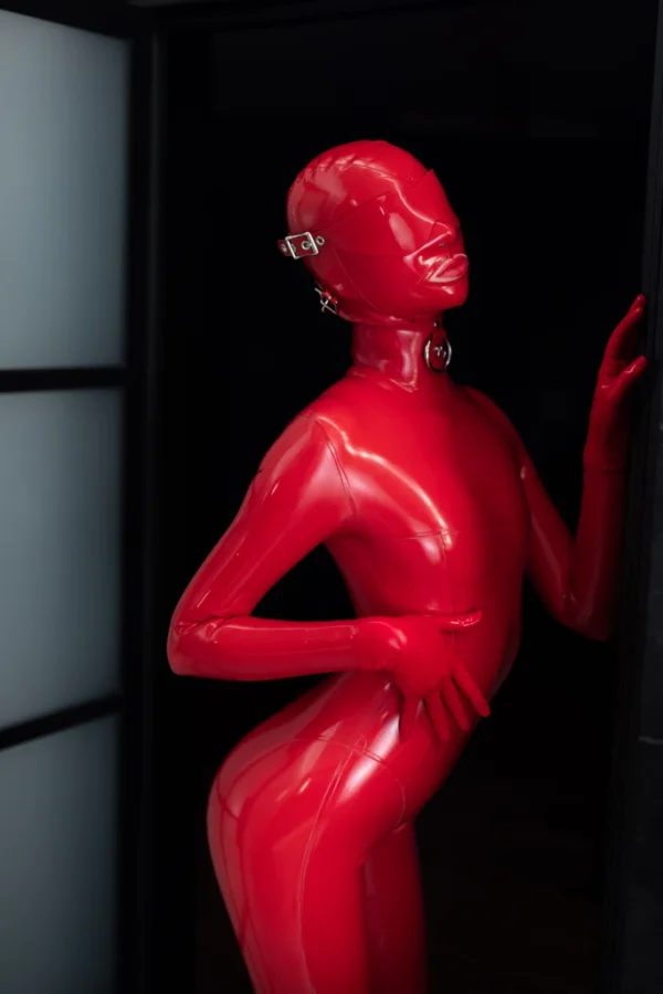 Red Detachable Latex Hood with Eye Mask and Mouth Cover