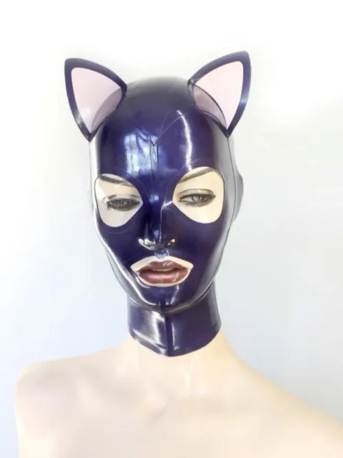 Purple Latex Cat Hood with Trimmed Eyes and Ears – Zipper Back Design