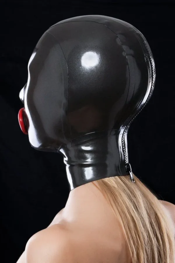 Glossy Latex Hood with Red Inflatable Gag and Rear Zipper