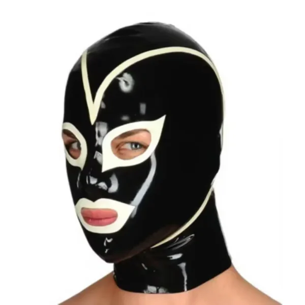Black & White Latex Hood with Contrast Trim and Rear Zipper