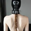 Seamless Gloss Black Latex Faceless Hood with Rear Lacing and Buckled Collar
