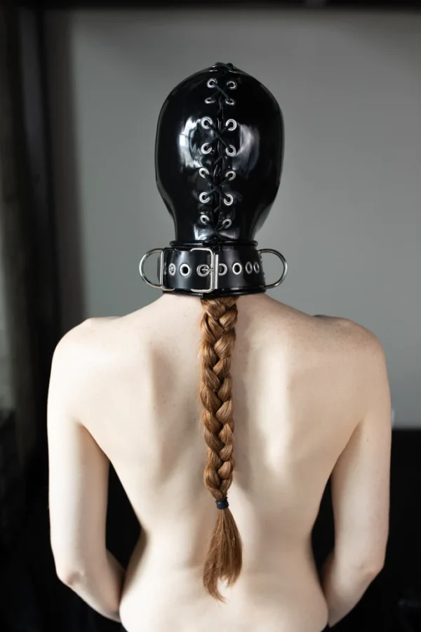 Seamless Gloss Black Latex Faceless Hood with Rear Lacing and Buckled Collar