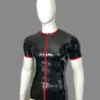 Latex Crew Neck Short Sleeve T-Shirt with Red Zip Trim – Sleek and Modern Rubber Top