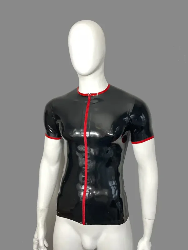 Latex Crew Neck Short Sleeve T-Shirt with Red Zip Trim – Sleek and Modern Rubber Top