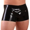 Keyhole Latex Boxer Shorts with Snap-Off Pouch – Black Rubber Fetish Underwear