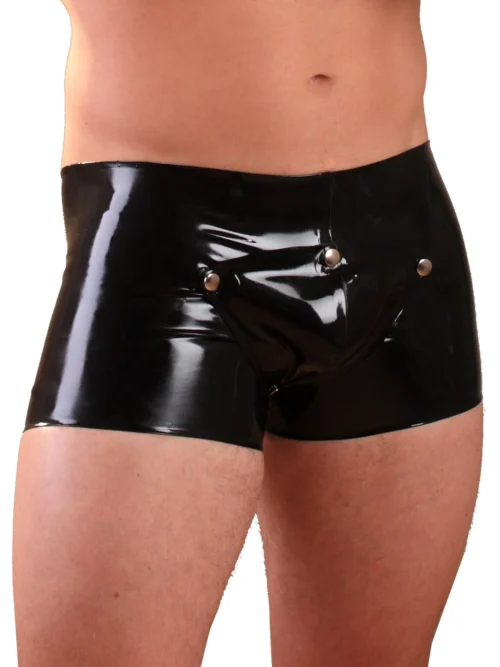 Keyhole Latex Boxer Shorts with Snap-Off Pouch – Black Rubber Fetish Underwear